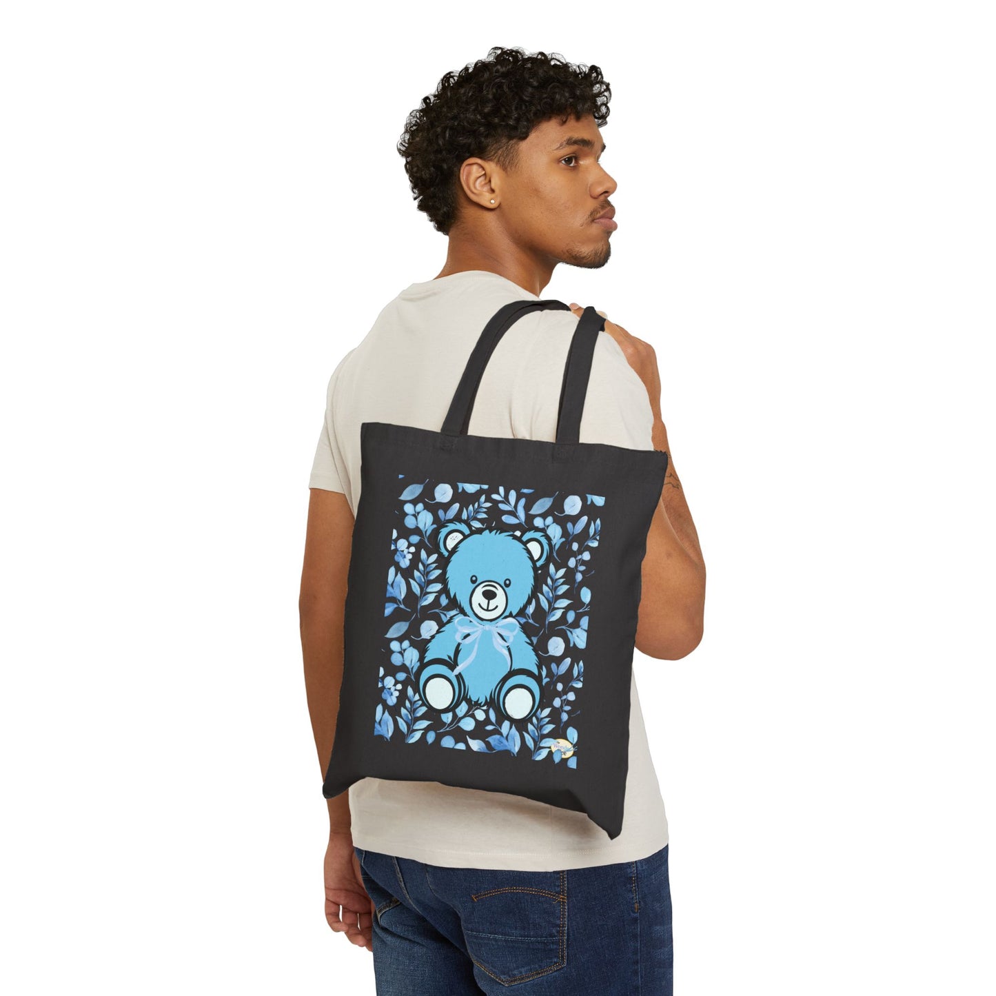 Canvas Tote Bag - Blue Coquette Teddy Bear and Floral Design