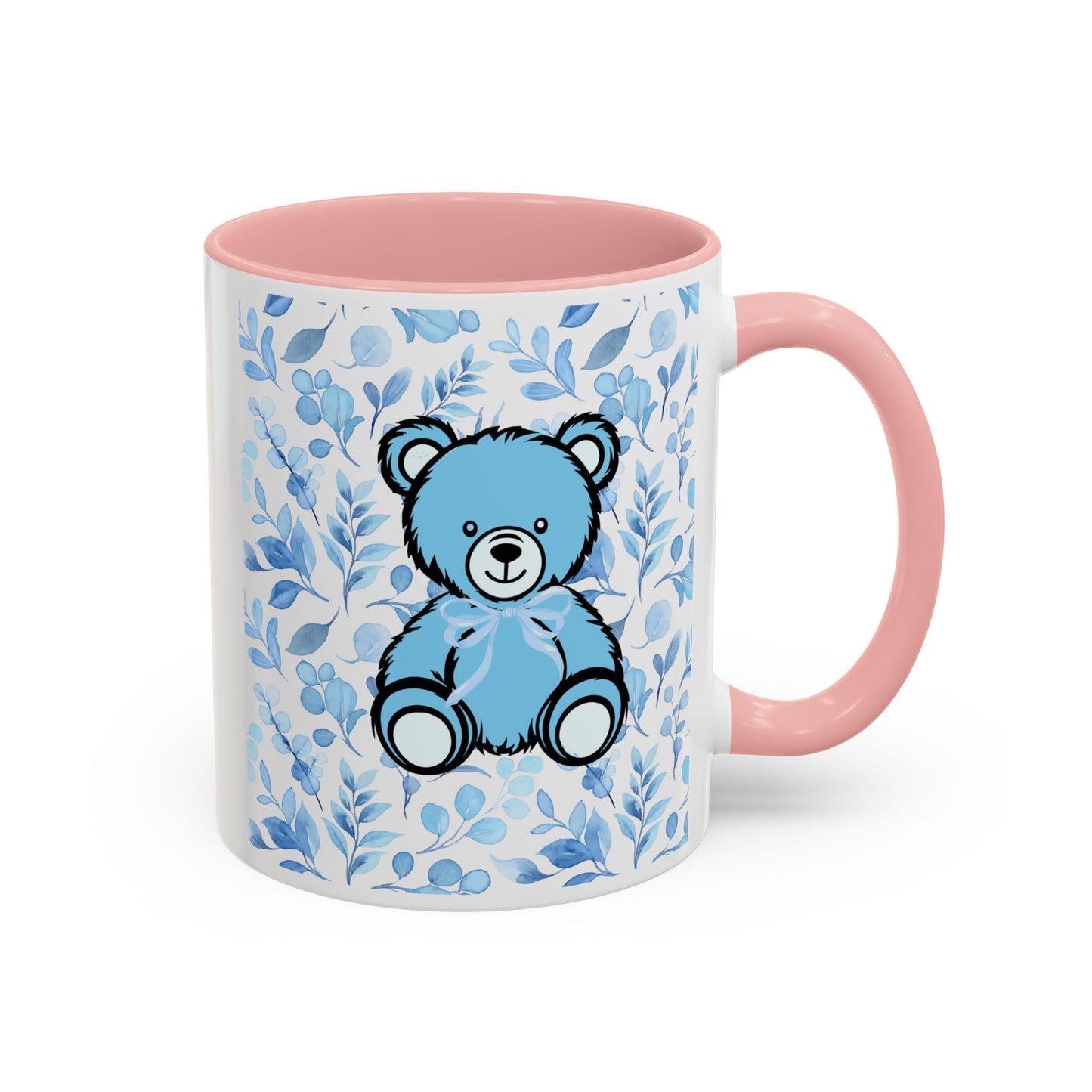 Coffee Mug - Blue Coquette Teddy Bear with Floral Background and Light Blue Interior