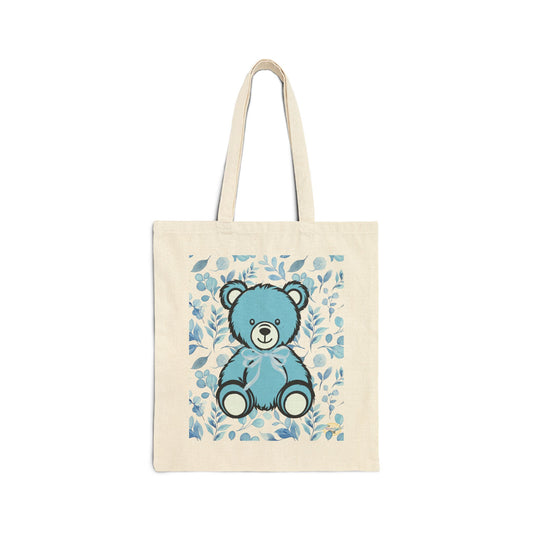 Canvas Tote Bag - Blue Coquette Teddy Bear and Floral Design