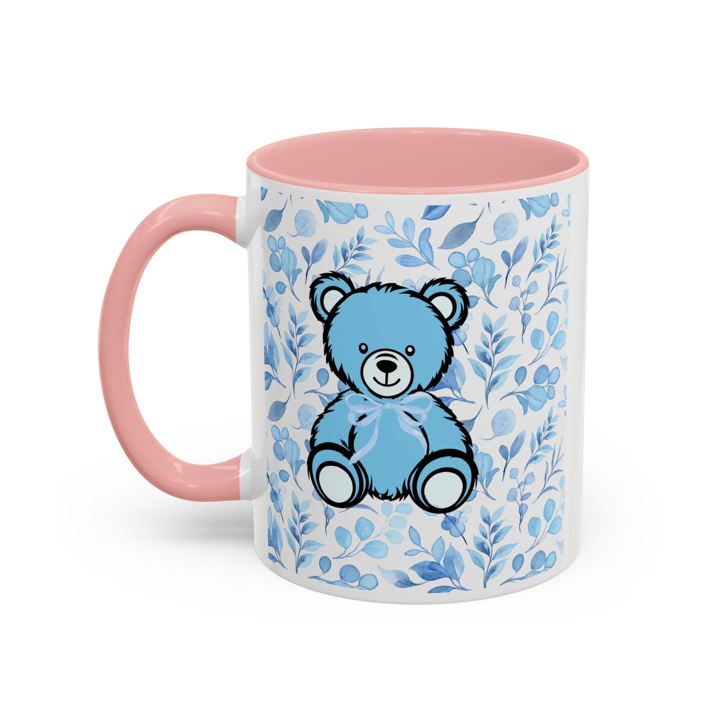 Coffee Mug - Blue Coquette Teddy Bear with Floral Background and Light Blue Interior