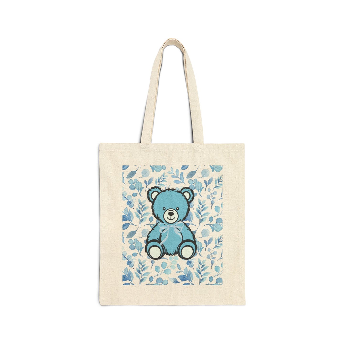 Canvas Tote Bag - Blue Coquette Teddy Bear and Floral Design