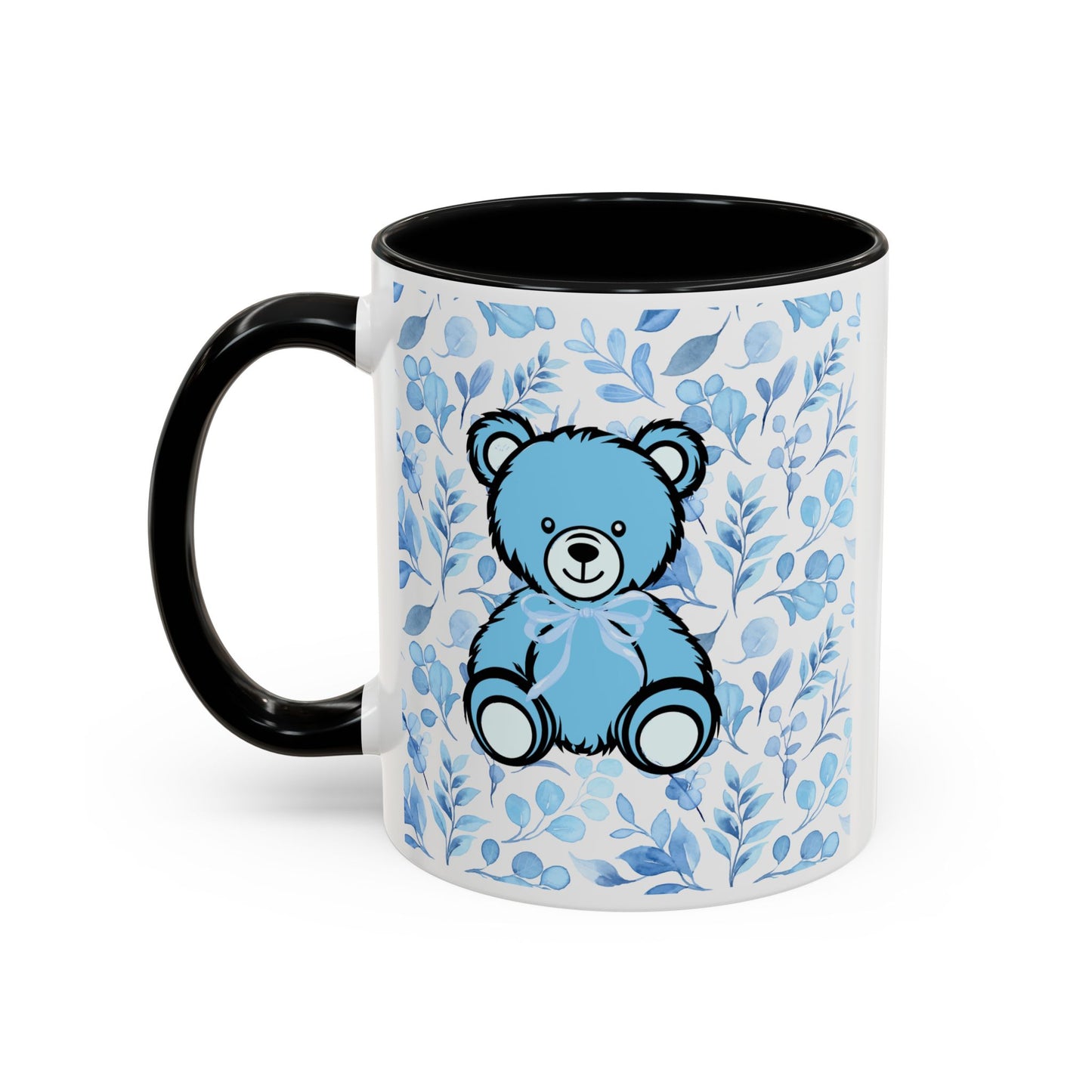 Coffee Mug - Blue Coquette Teddy Bear with Floral Background and Light Blue Interior