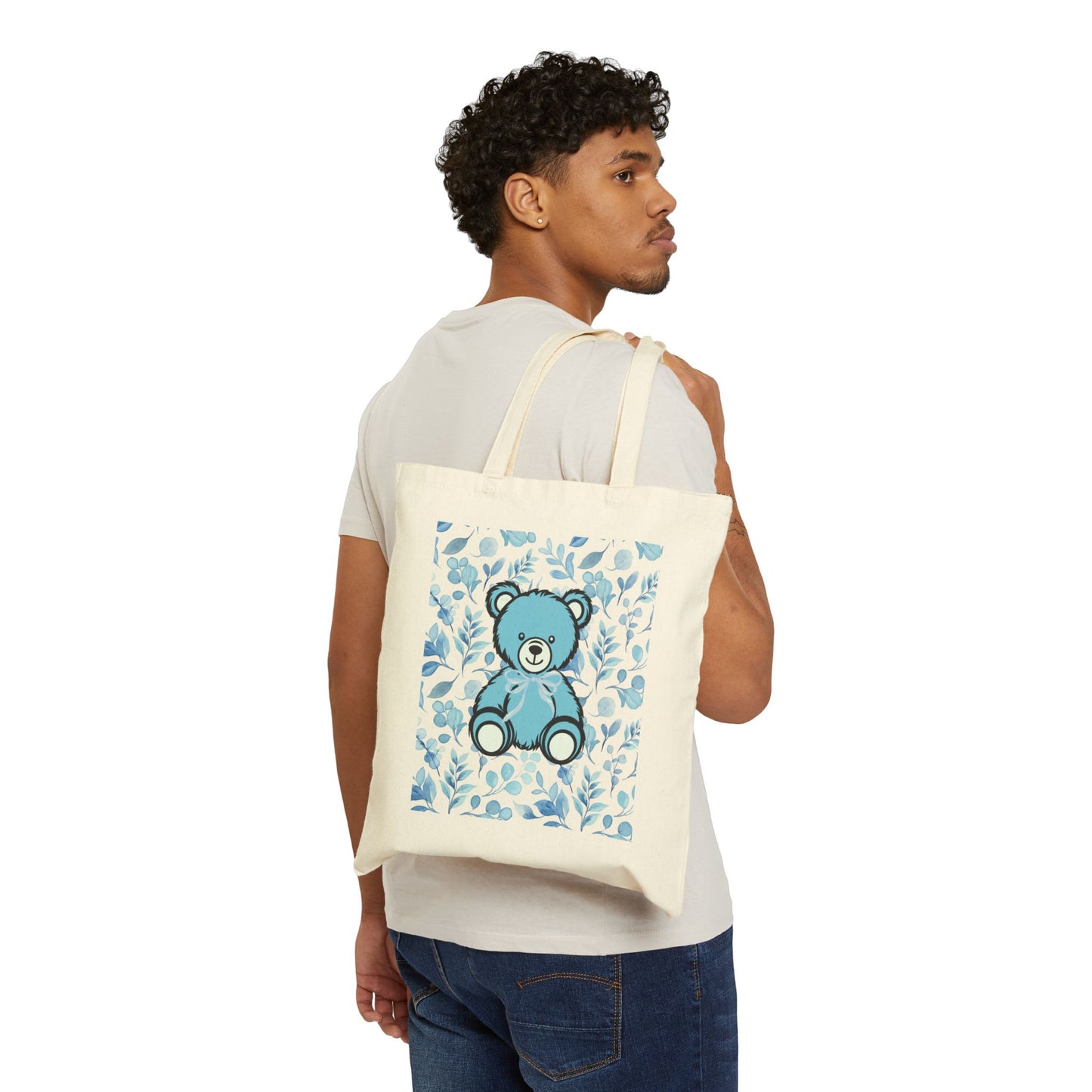Canvas Tote Bag - Blue Coquette Teddy Bear and Floral Design