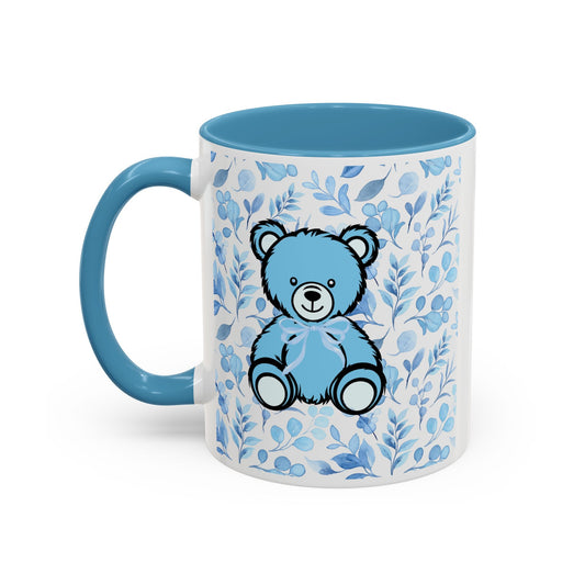 Coffee Mug - Blue Coquette Teddy Bear with Floral Background and Light Blue Interior