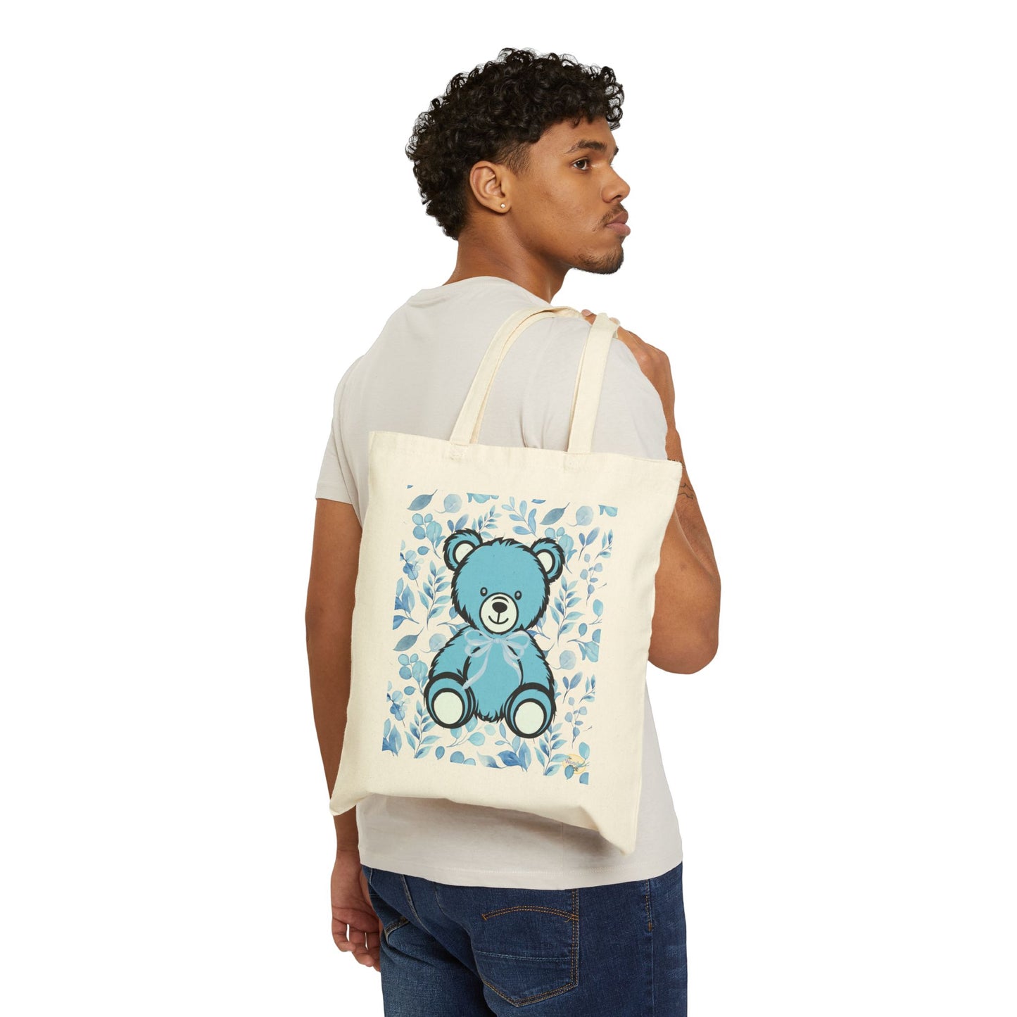 Canvas Tote Bag - Blue Coquette Teddy Bear and Floral Design