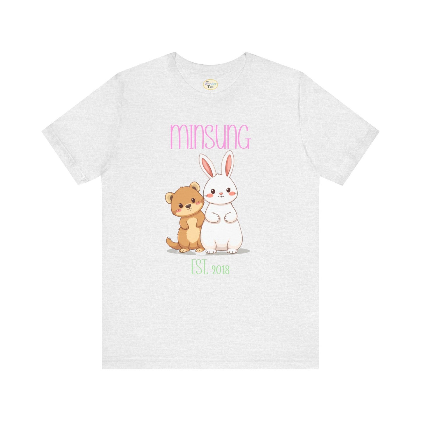 White t-shirt with cartoon dog and rabbit design and 'Minsung' text on a white background