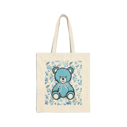 Canvas Tote Bag - Blue Coquette Teddy Bear and Floral Design