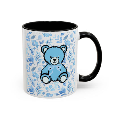Coffee Mug - Blue Coquette Teddy Bear with Floral Background and Light Blue Interior