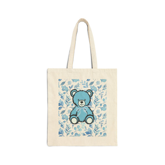 Canvas Tote Bag - Blue Coquette Teddy Bear and Floral Design