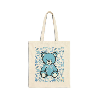 Canvas Tote Bag - Blue Coquette Teddy Bear and Floral Design