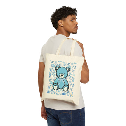 Canvas Tote Bag - Blue Coquette Teddy Bear and Floral Design